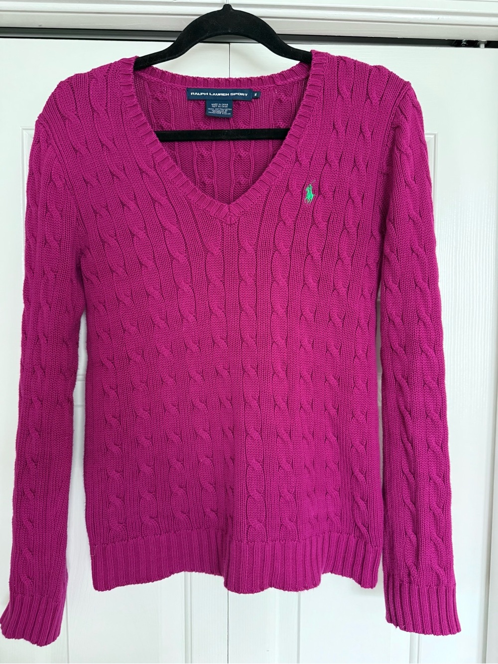 Ralph Lauren Fuchsia Cable-Knit V-Neck Sweater Green Pony - Picture 3 of 7